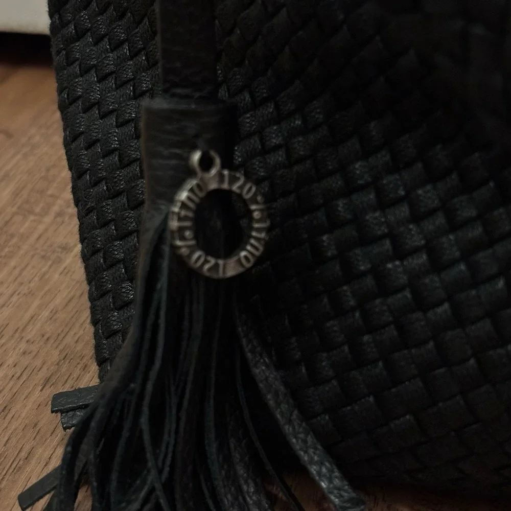 NWOT 120% Lino Italian Black Woven Handbag Mini Tote Logo Tassel